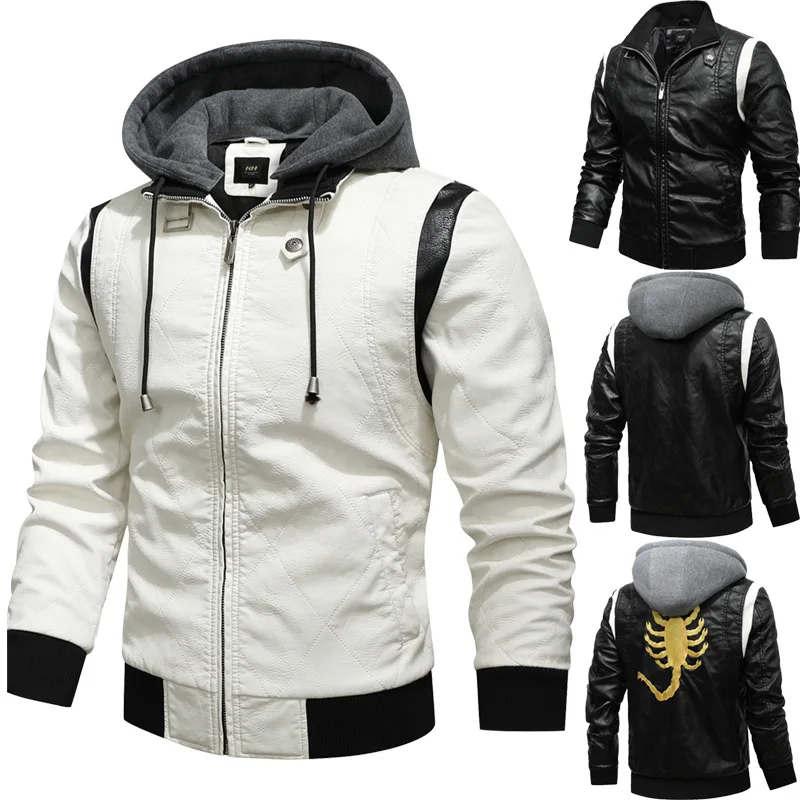 New Leather Jacket PU Leather Jacket Stand Collar Knitted Hooded Men's Jacket