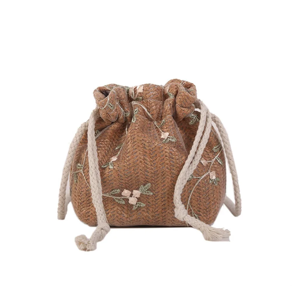 

Casual Weave Drawstring Bucket Bag Lace Elegant Straw Bag Flower Korean Style Woven Beach Bag Beach