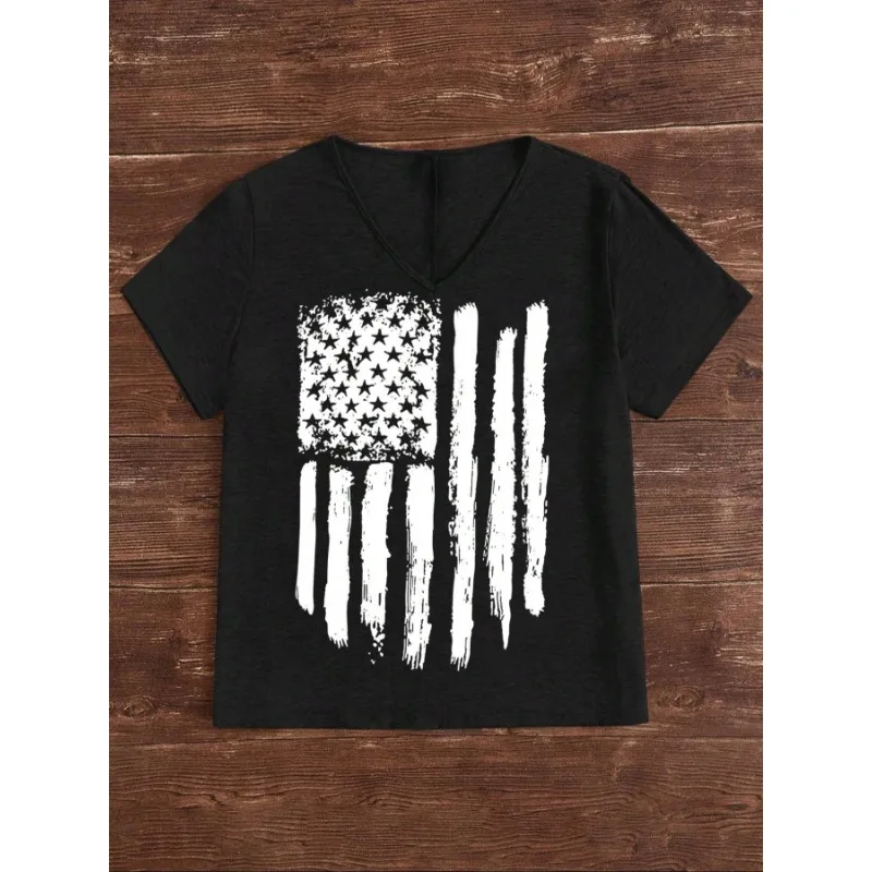 

Большие размеры 1XL-5XL, новые женские модные футболки с v-образным вырезом и принтом американского флага, топы, женские свободные топы с короткими рукавами