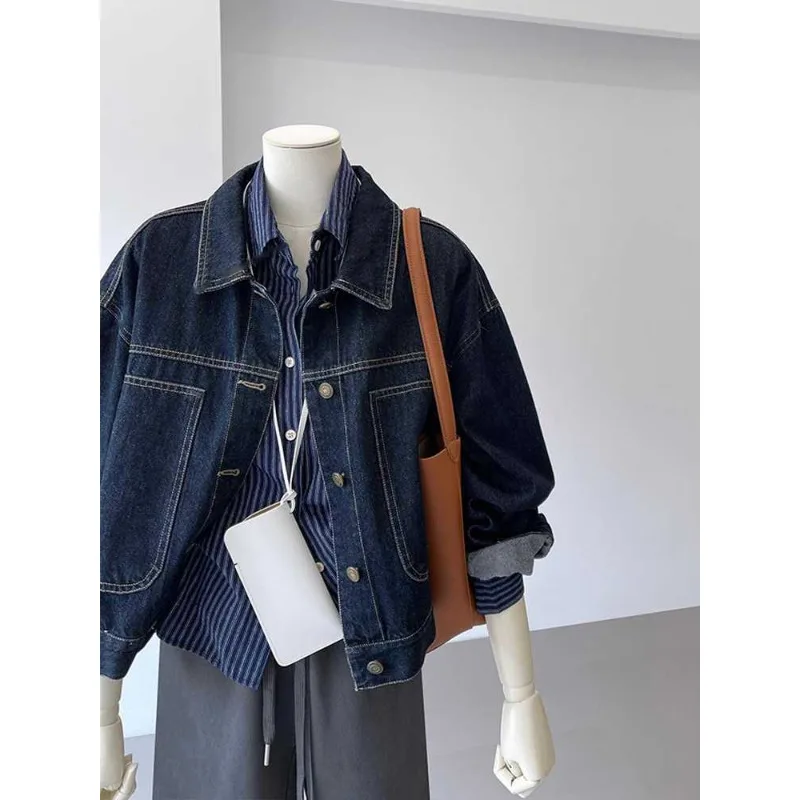 

Jacket Denim Jacket Women's Spring/Autumn Hong Kong Style Retro Pockets Petite Relaxed Fit Workwear New Casual Niche Versatile
