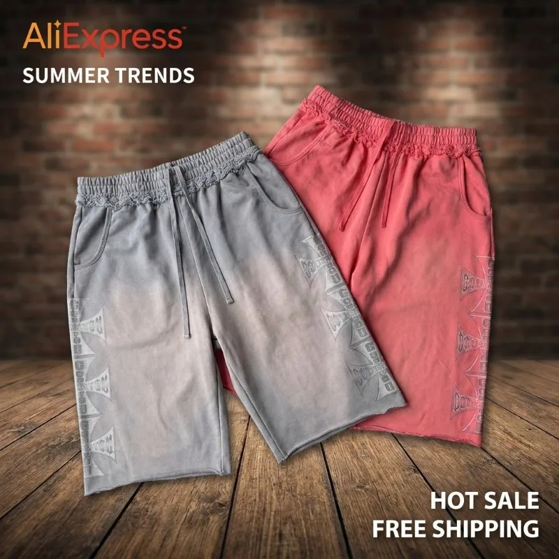Y2K Vintage Acid Wash Cross Print Shorts Men Women Hip Hop Oversized Sweatshorts Summer Loose Streetwear Casual Short Pants