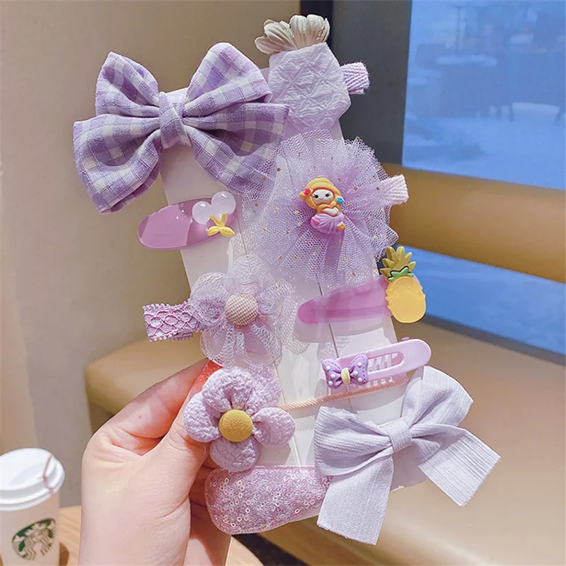 10Pcs/Set Baby Girl Broken Hair Accessories Cartoon Kids Cute Korean Style Young Children Bow Mesh Hairpin Princess Wholesale