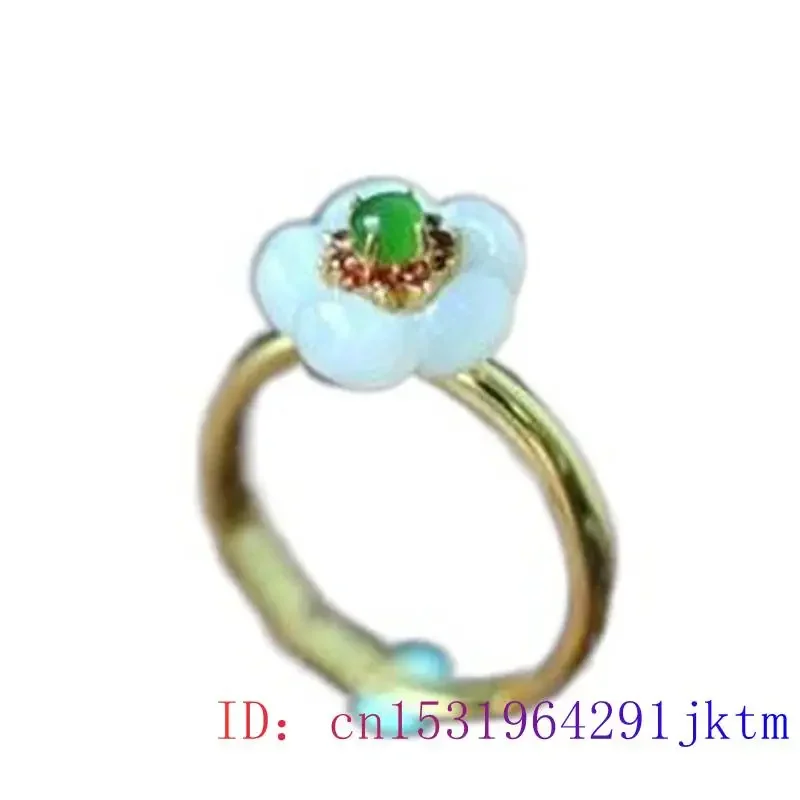 White Jade Flower Rings Real Charm Jewelry 925 Silver Adjustable Ring Women Carved Natural Charms Gift Amulet Talismans