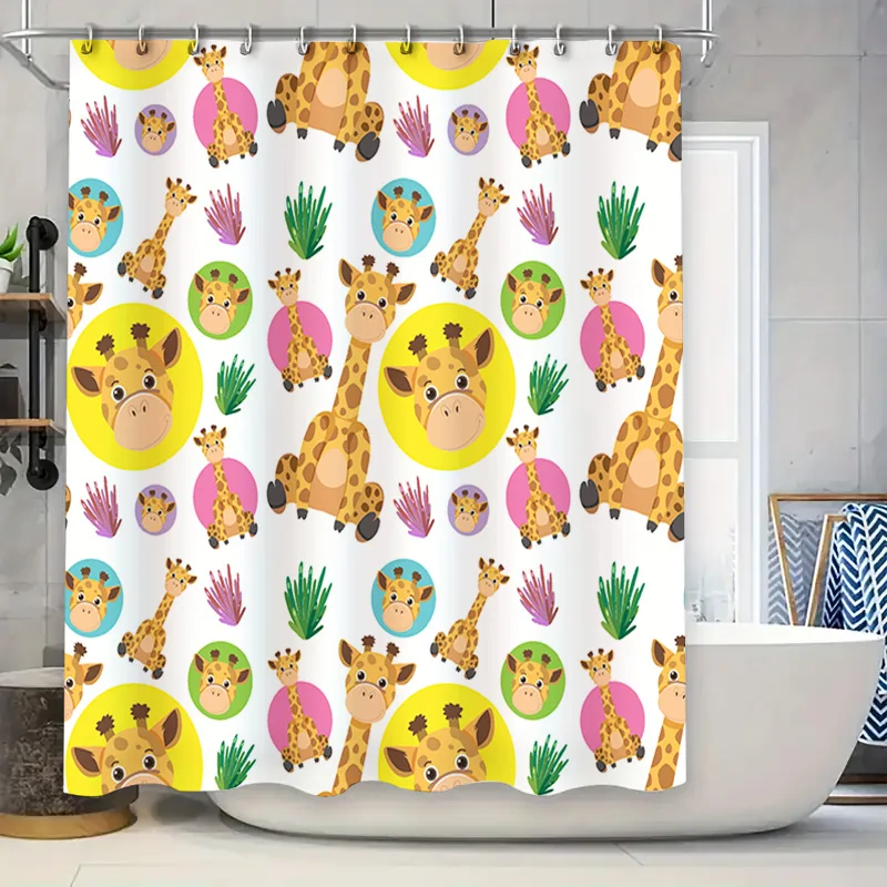

Animal Print Shower Curtain Kids Bath Decor 3D Cartoon Giraffe Round Shape Bathroom Shower Curtains for Home Decoration Waterpro