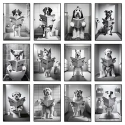 Funny Animal Dog Sitting On The Toilet Reading Newspaper Fashion Poster Canvas Paintings Wall Art Pictures Bathroom Home Decor