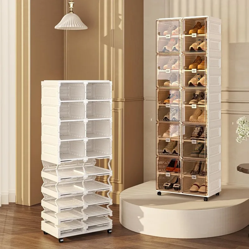 

Collapsible Shoe Storage Organizer with Wheels for Closet,Stackable Shoe Organizer for Entryway