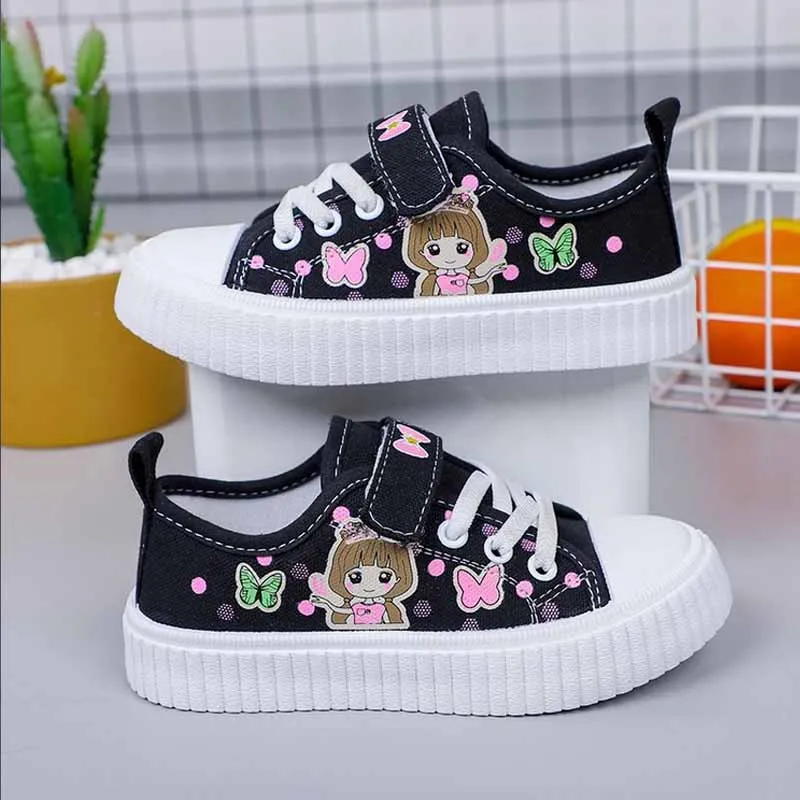 Children\'s Cute Cartoon Canvas Shoes Girls\' Flat Bottomed Casual Sports Shoes Students Lightweight Running Board Shoes Sneakers