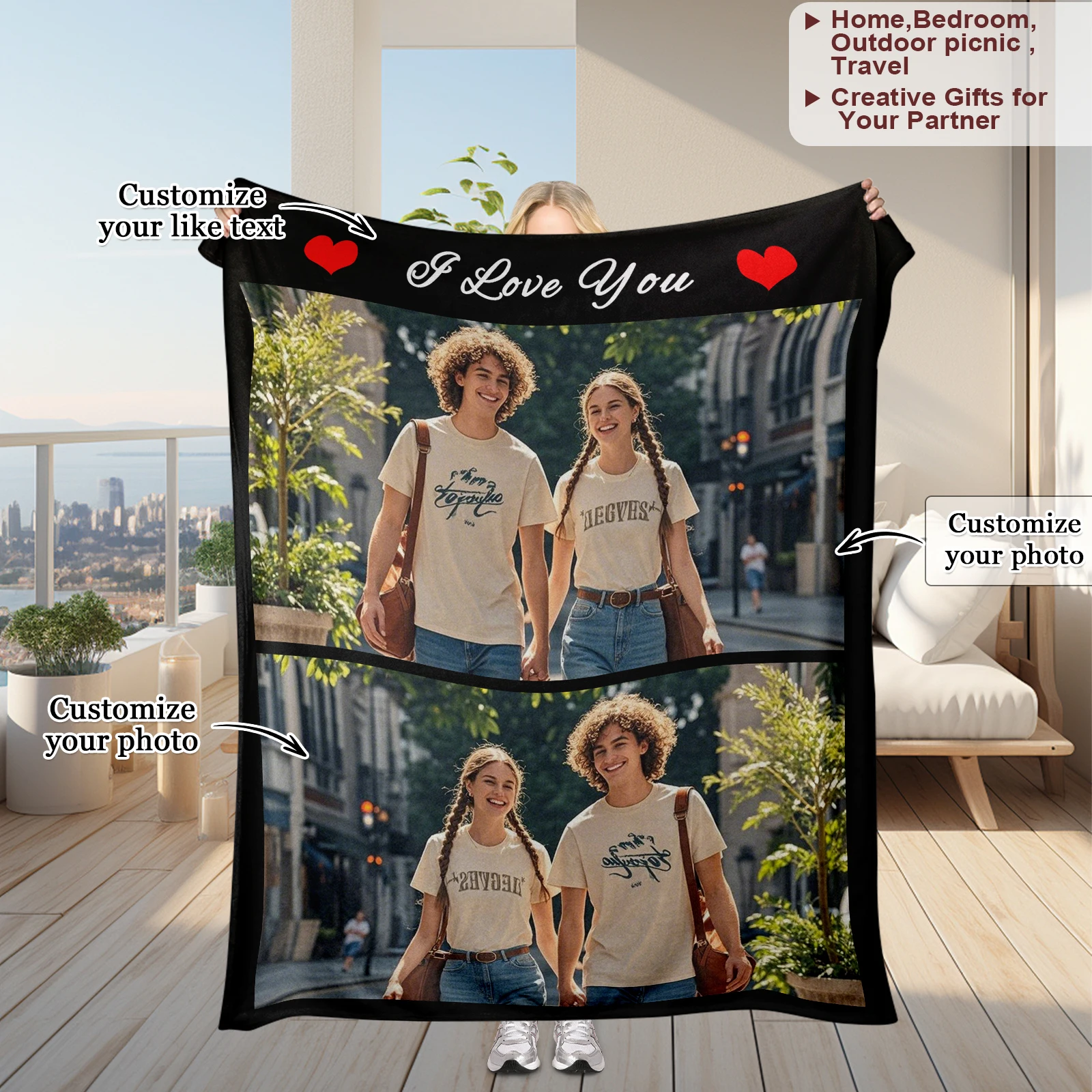 Couple Beautiful Moments Photo Customized Blanket Sweet Stroll Corner Valentine's Day Gift Sofa Bedroom Office Travel Available