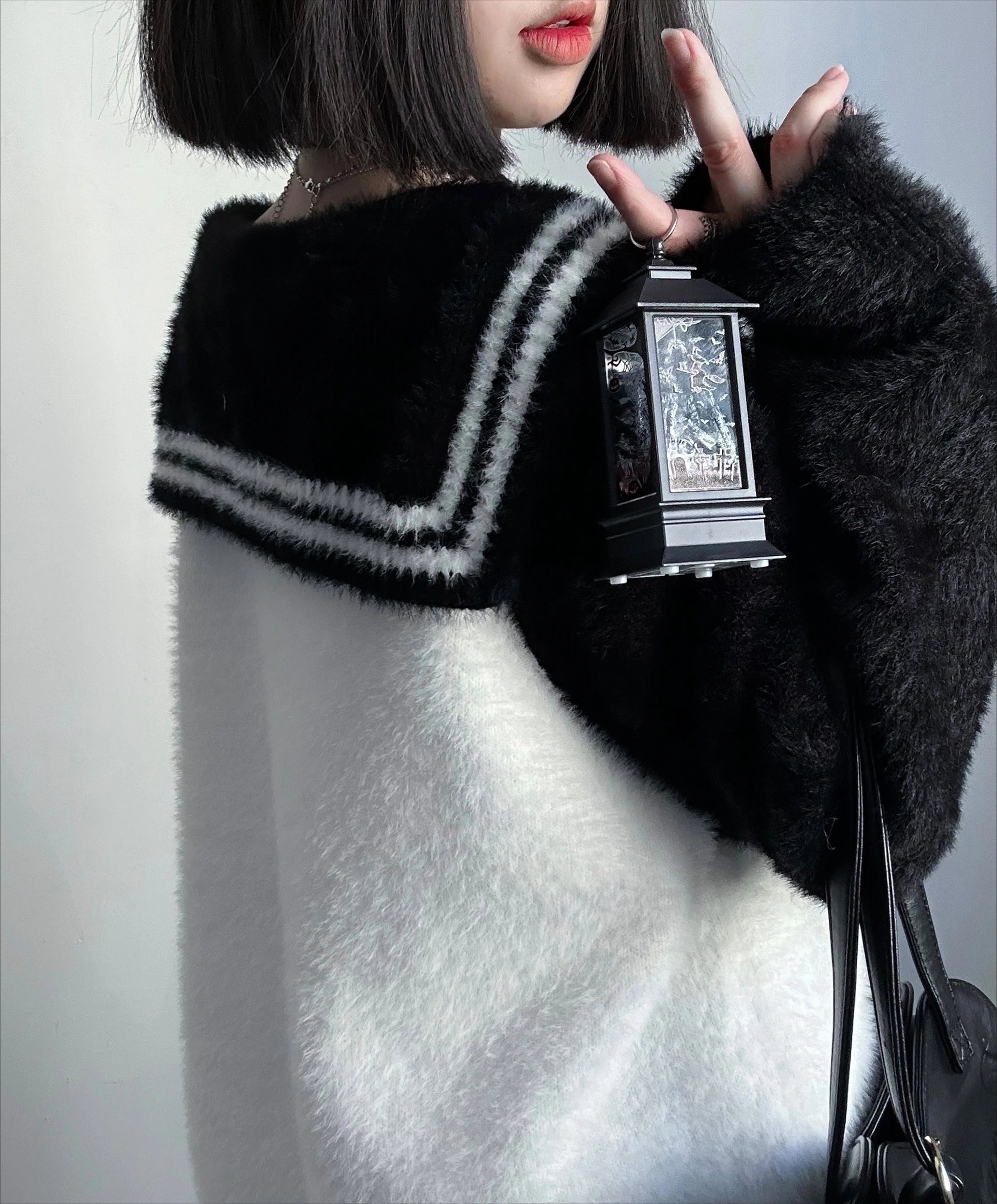 Autumn Winter Fashion Imitation Mink Sailor Collar Bat Jacquard Knitted Pullovers Female Loose Goth Harajuku Aesthetic Sweaters