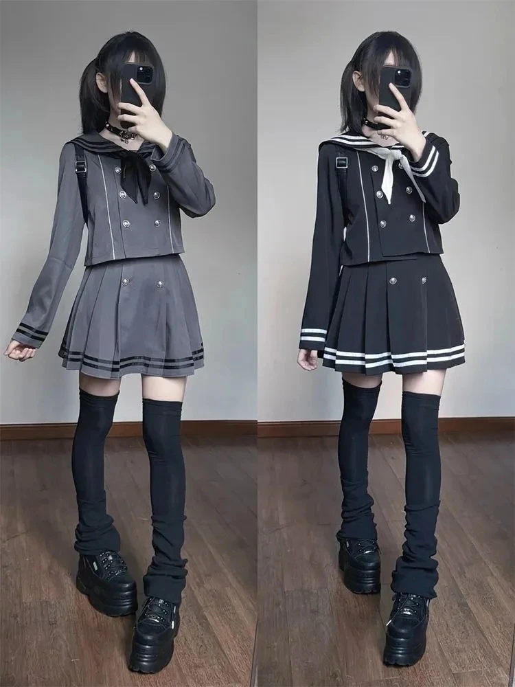 

Naval Collar School orm ort Skirt Set Women's Faion Outerwear Midi Skirt Knot Design Winter Casual Wear