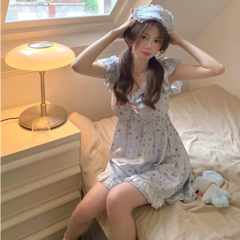 Japanses Sweet Princess Nightdress Women Cute Bow Bunny Print Sleepwear Homewear Clothes Vintage Nightgown Female Kawaii Pyjamas