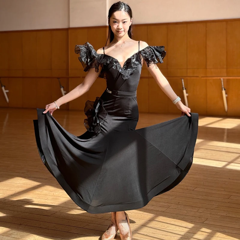 Black Ballroom Dance Dress Women Waltz Dance Performance Clothes Off Shoulder Tops Skirt Adult Dance Clothing Prom Dress BL13305