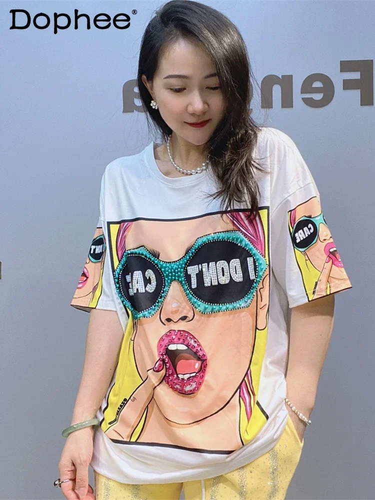 

2025 New Short-sleeved Cartoon Printed T-shirt Women's Spring Summer Heavy Industry Beads Loose Fashion Half-sleeve Tops