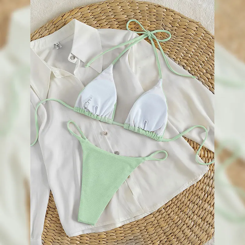 Conjunto de Bikini de tela a rayas para mujer, traje de baño Sexy de Color liso con tirantes, cintura alta, 2024