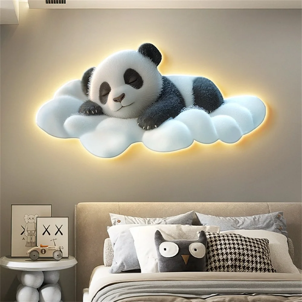 Cream style cloud Panda Luminous mural with led lights Children's Room Wall Decoration foyer study corridor frameless Painting