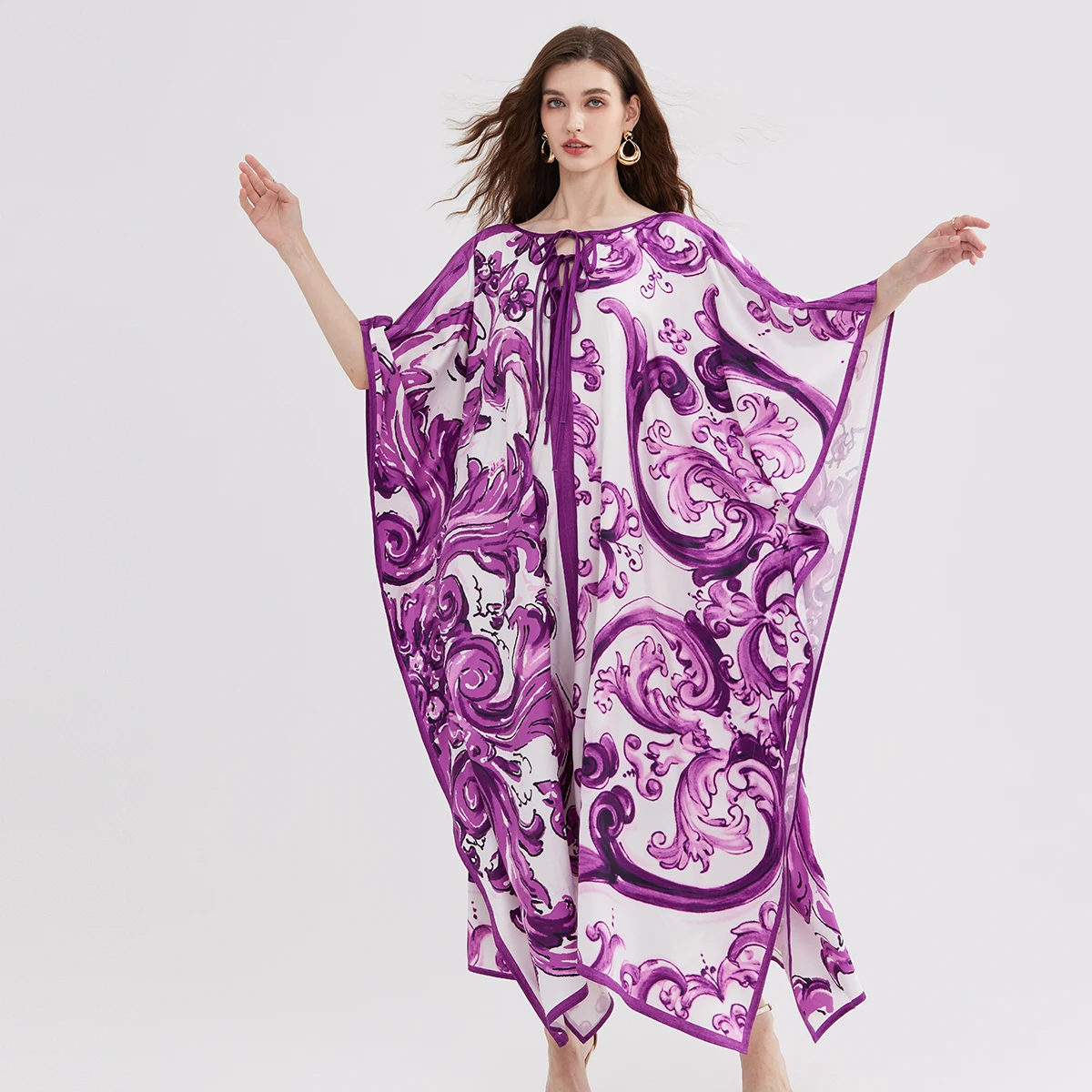 Summer New plus Size Purple Floral Print Dr with Bow Detail Loose A-Line Skirt Commute Sle Polyester Fabric Long Sve