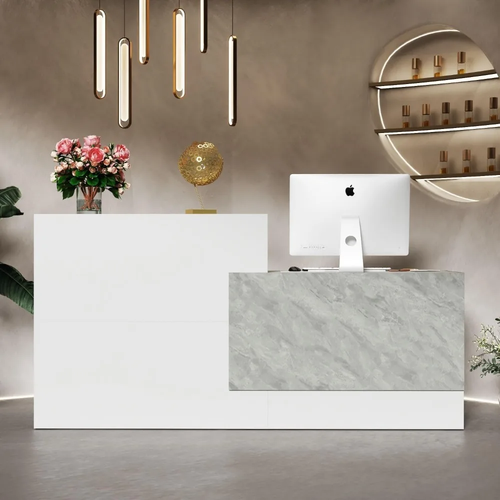 Reception Desk with Shelves, Modern Reception Table with Storage, Front Counter Checkout Table Retail Counter for Lobby Shop, W