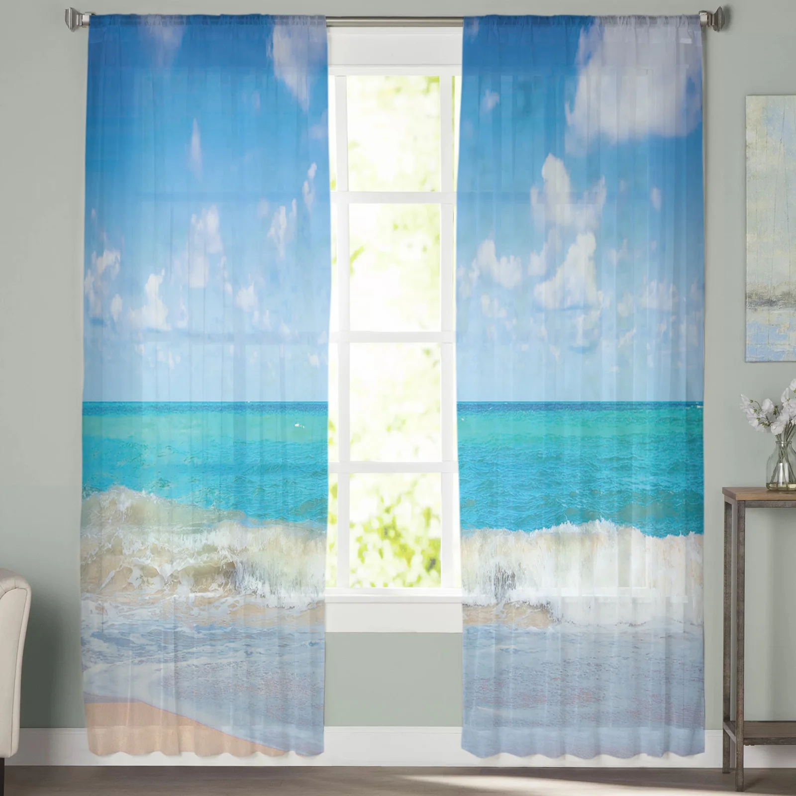 Baiyun Beach Waves Scenery Sheer Curtain for Living Room Bedroom Voile Drape Kitchen Window Tulle Curtains Home Essentials