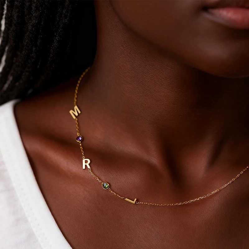 

Personalized Custom Multiple Letters Necklace Women Stainless Steel Sideway Letter with Birthstone Pendant Collar Christmas Gift