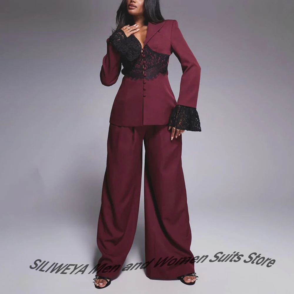 

Элегантные роскошные женские костюмы бордового цвета, однобортный пиджак с кружевом, женский комплект из 2 предметов, верхняя одежда для вечернего банкета и вечеринки