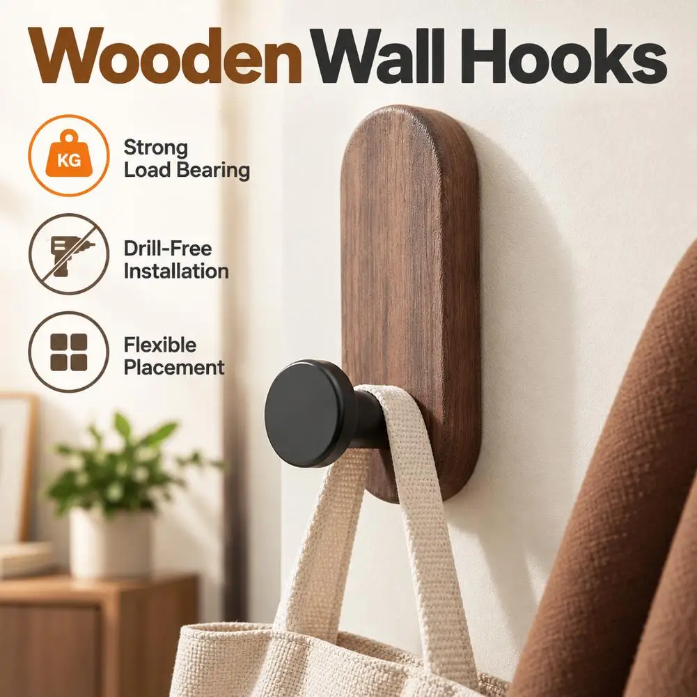 Walnut Wood Mounted Self Adhesive Wall Hooks for Hanging Coat Towel Clothes Blanket Hat Backpack Coat Keychain Entrance