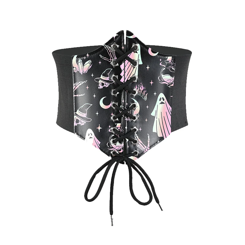 เข็มขัดหกเหลี่ยมพิมพ์ลายผีหลากสีสันสำหรับผู้หญิง HERSHINE 1 ชิ้น สไตล์โกธิค Y2K เหมาะสำหรับชุดเดรสและเครื่องประดับฮาโลวีน