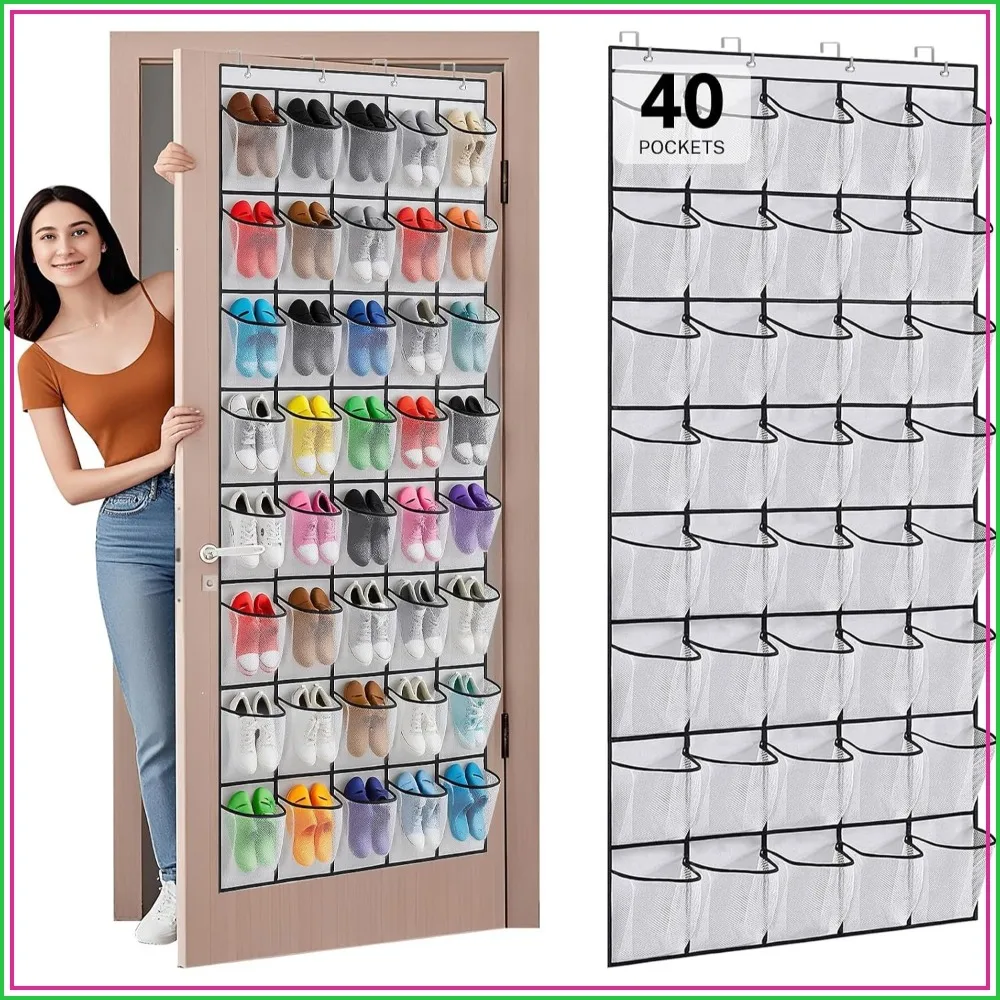 40 Large Mesh Pocket Over Door Shoe Organizer, Hanging Shoe Rack, Stores 20 Pairs, Sturdy Non-woven Fabric, White