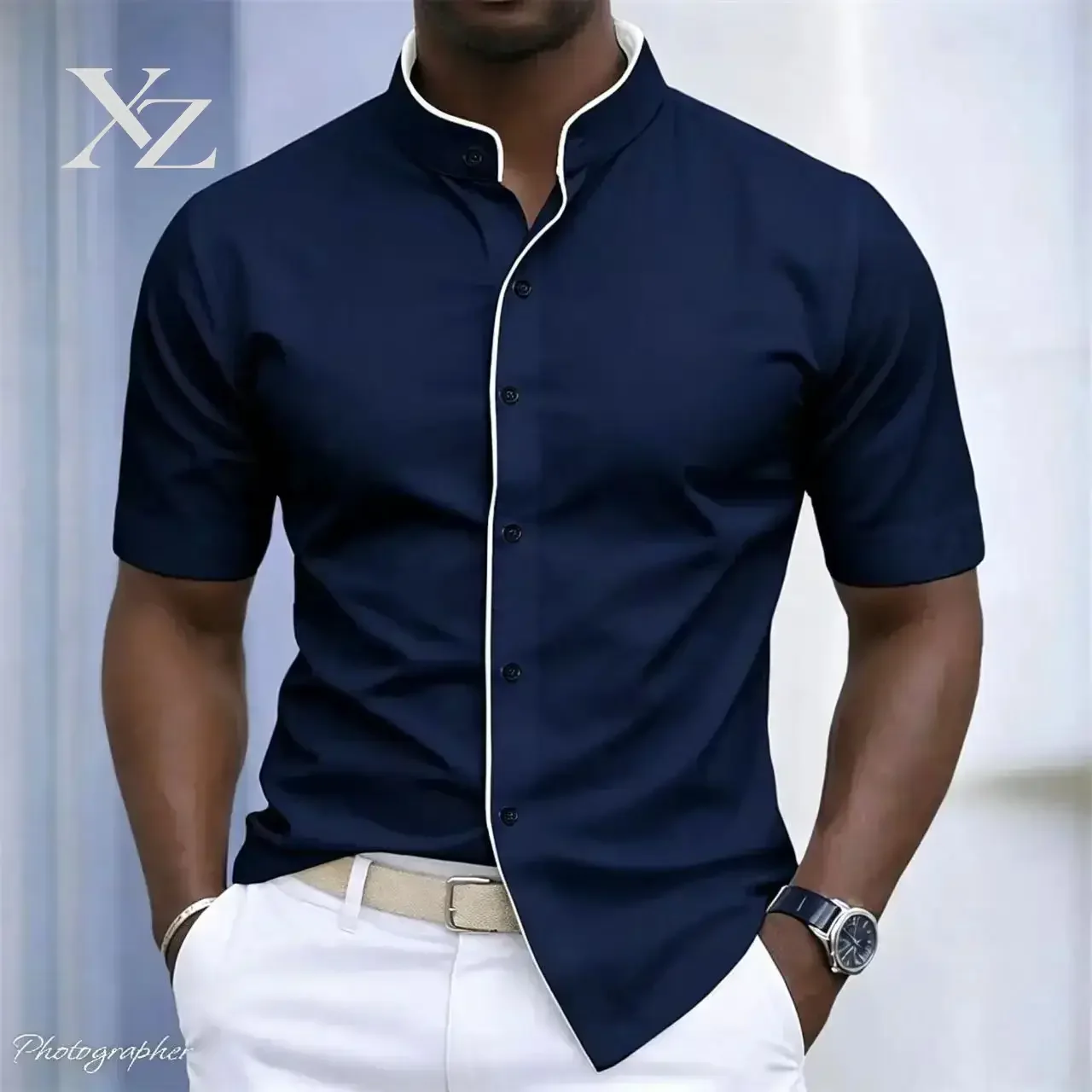 Hot Sale Men's High Neck Short Sleeved Shirt with Color Block Slotted Cut Design, Comfortable Fashionable Casual Business Style