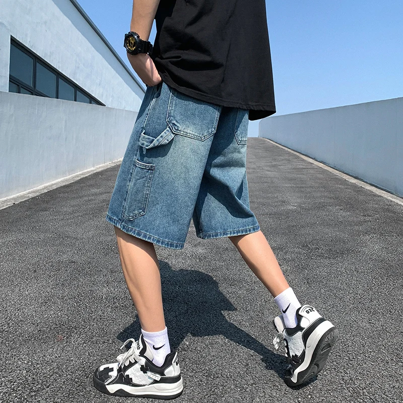 Korean Style Summer Men\'s Blue Baggy Denim Shorts 2023 New Street Apparel Workwear Large Pocket Wide Leg Denim Shorts Blue