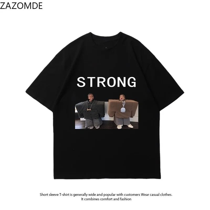 ZAZOMDE STRONG Letter Funny Meme Graphic T Shirt Unisex O Neck Short Sleeve Tee Loose Casual Streetwear Humor Print Tops 2026