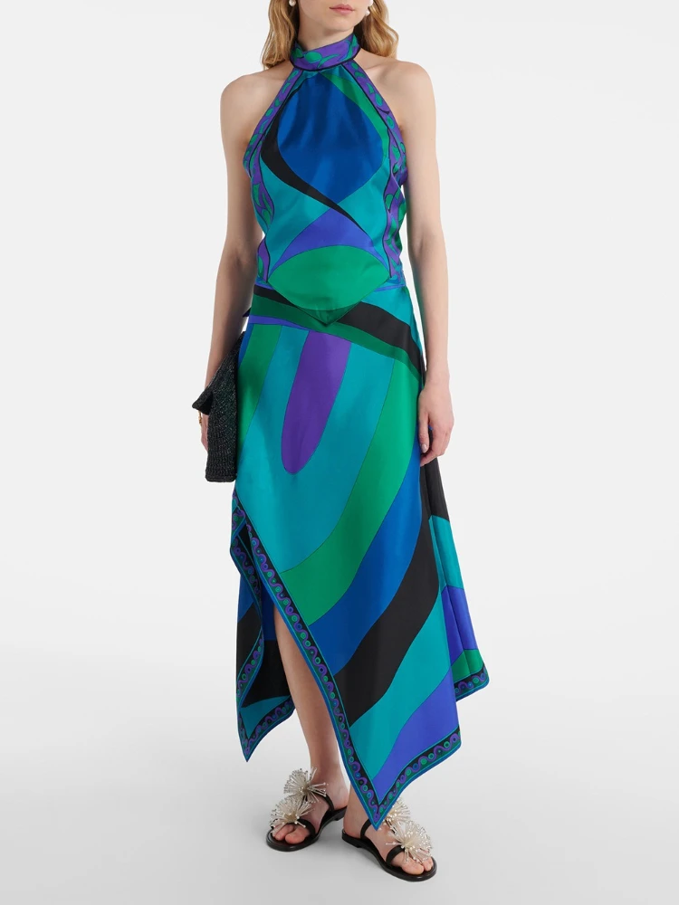 

Elegant Vintage Print Vacation Dress Women's Outfits Satin Beach Sets Lace Up Backless Halter Tops&Irregular Half Skirt 2 Piece