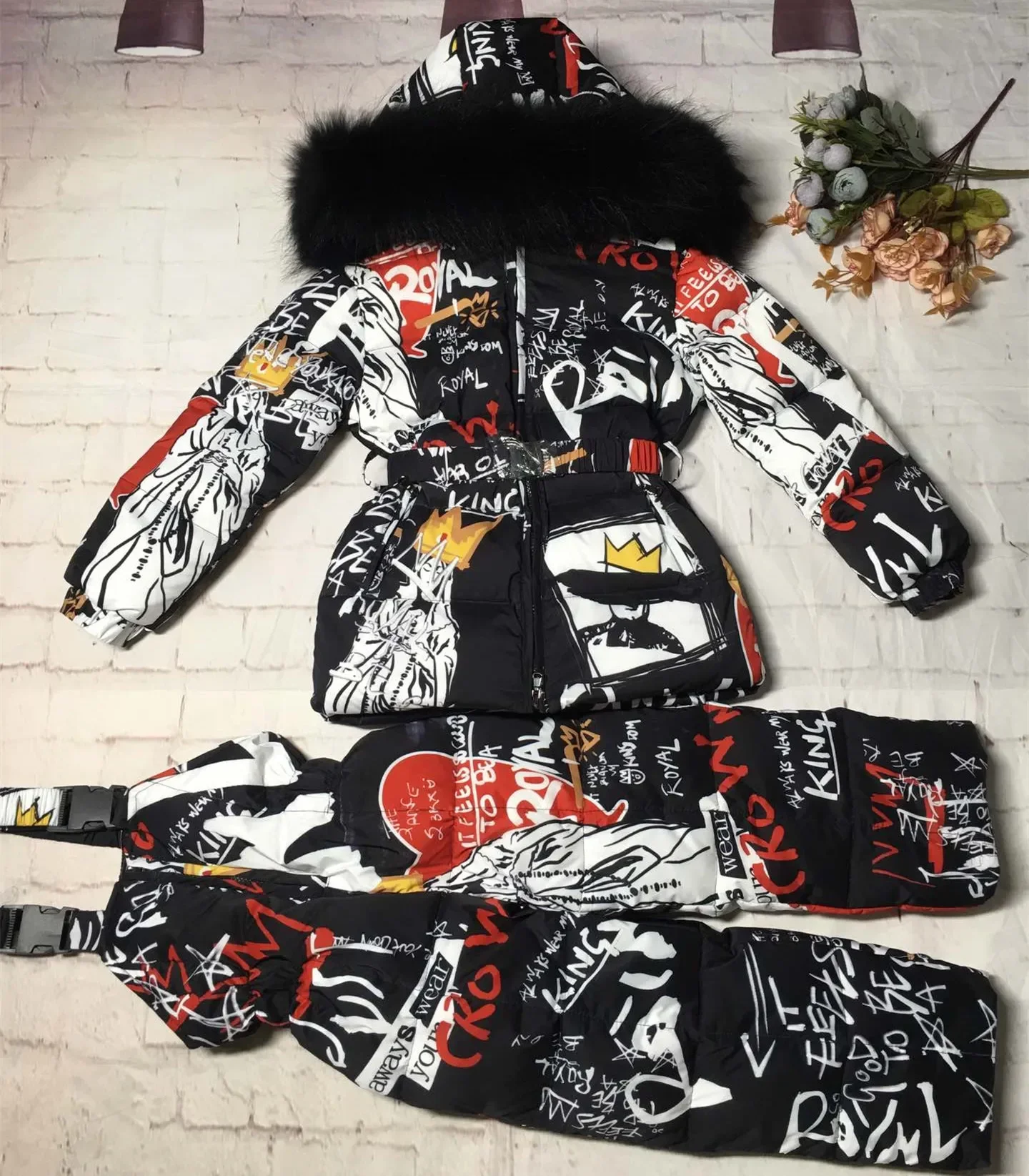 2024 Children Clothing Set Winter Girls Clothes Goose Down Jacket+Pants Outfits for Girls Fashion Abstract Graffiti Coats