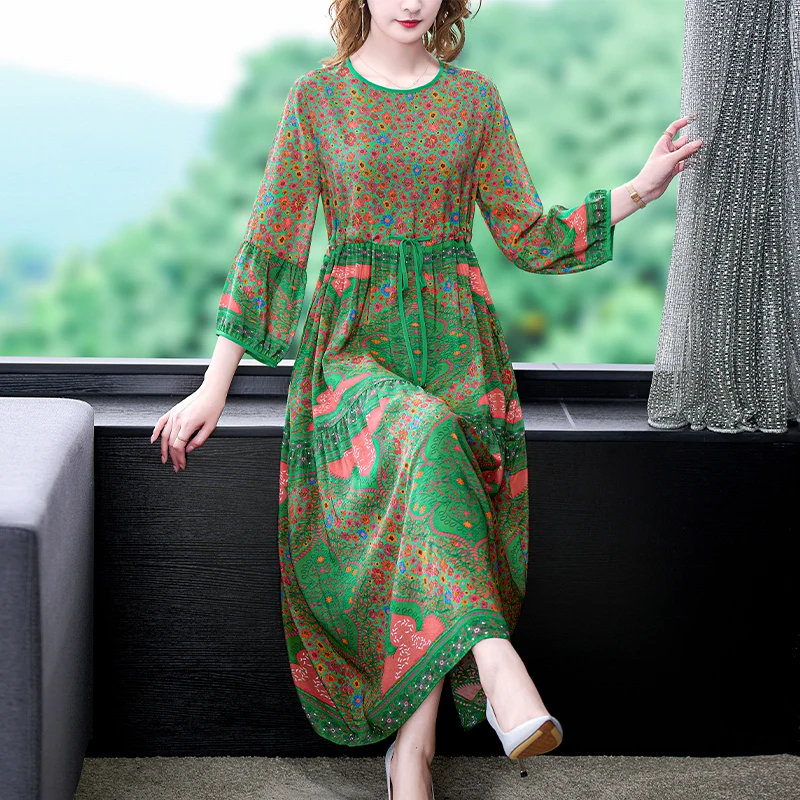 ZUOMAN Women Spring Elegant Silk Dress Shirt High Quality Long Maxi Floral Party Robe Femme New Designer Vintage Vestidos