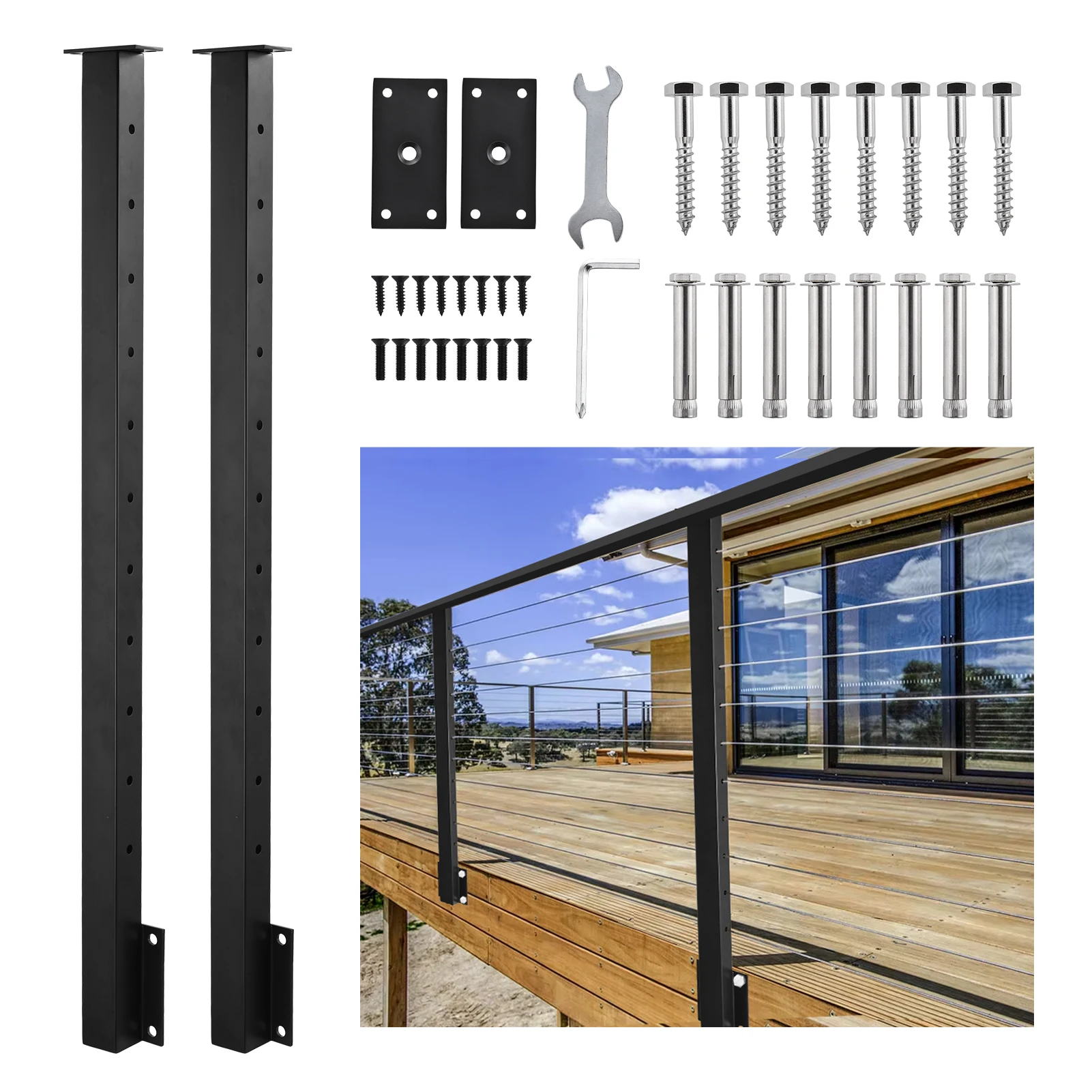 Postes de barandilla laterales de acero inoxidable de 44 pulgadas, columnas de escalera negras que ahorran espacio – Kit de herrajes de 11 orificios para valla de porche y jardín
