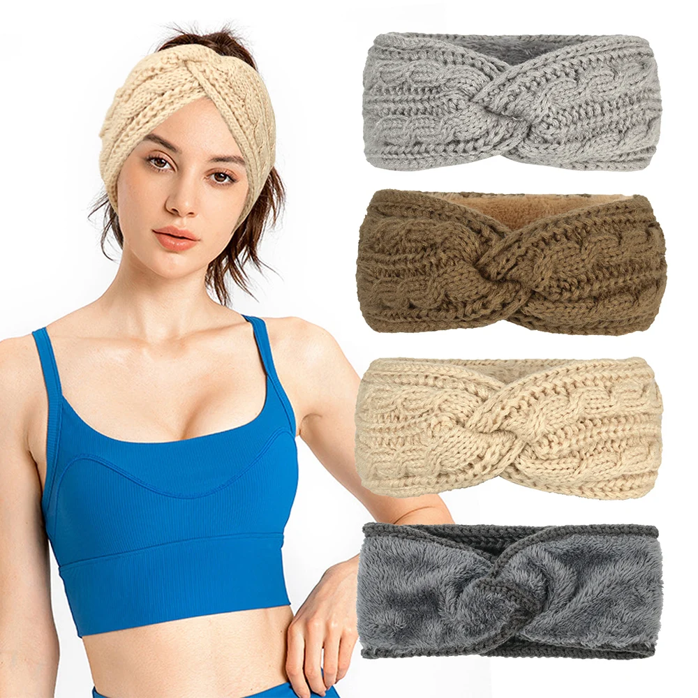 Women Headbands Winter Warm Woolen Elastic Hair Bands Twisted Knitting Turban Headwrap Plush Liner Hairband Hair Accessories