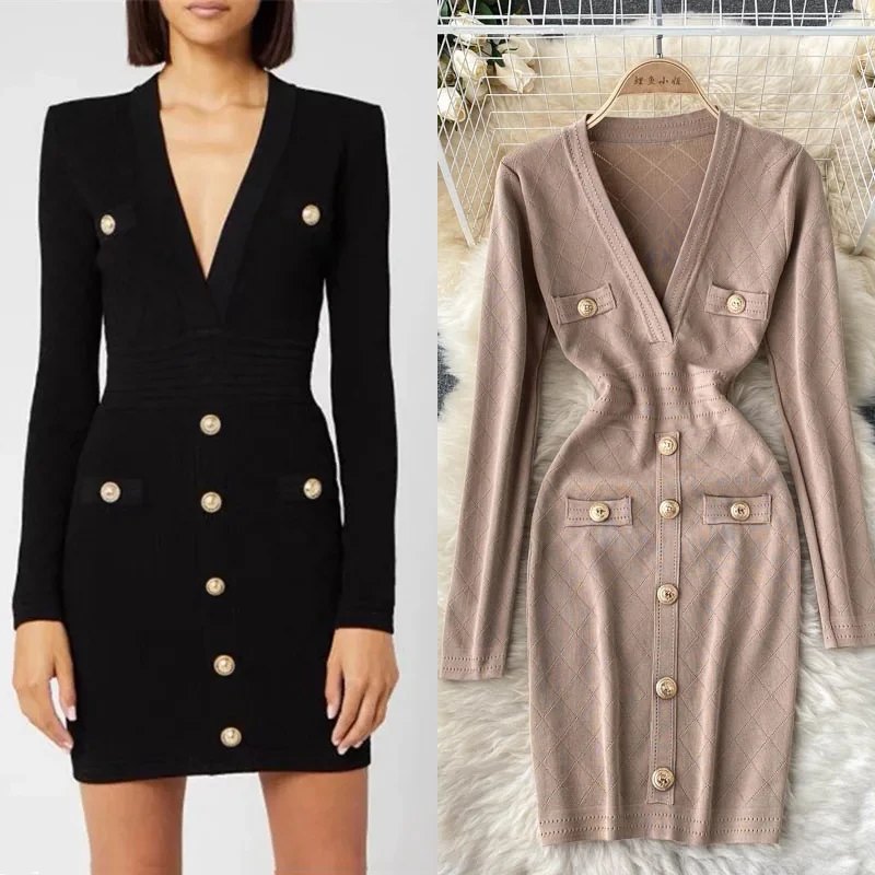 Chic Mode Sexy Wrap Hüften Gestrickte Mini Kleid Frauen Lange Flare Ärmeln einreiher Bodycon Party Kleid Streetwear
