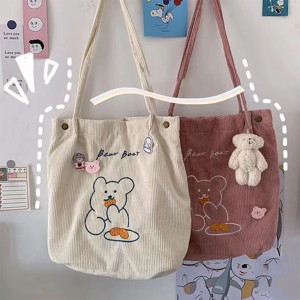 Canvas Women Canvas Shoulder Bag Warm Plush Cloth Fabric Cute Bear Handbag Soft Tote Large Capacity Shopping Bags For Ladies