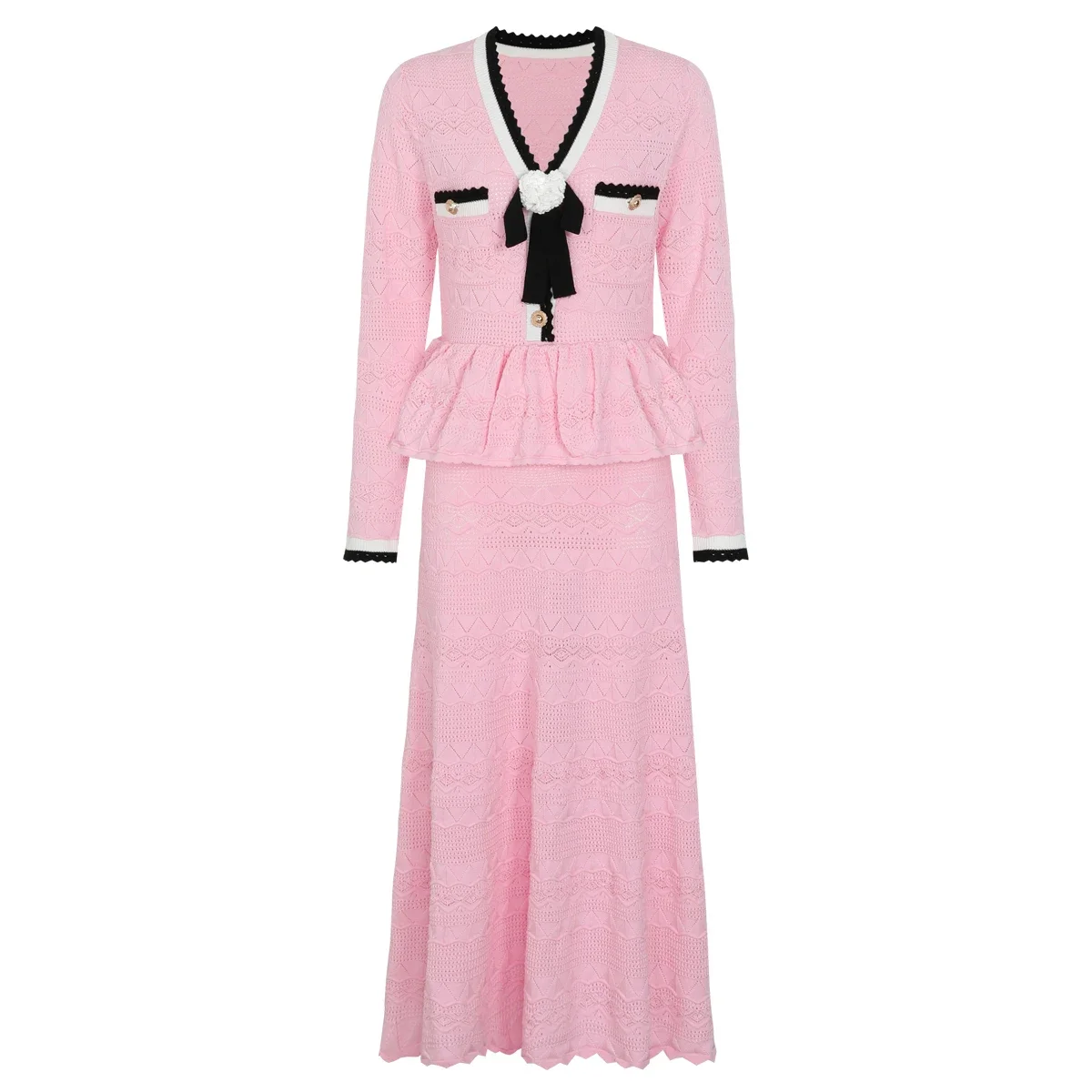 New Fashion Slimming Knit Dress Women V Neck Hollow Bow Decor Lotus Leaf Edge Long Sleeve Summer Dress