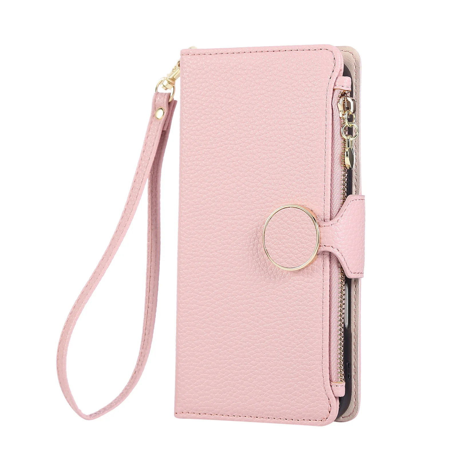 Applicable to Samsung S26 Ultra zipper wallet case. S26 women's solid color round snap cover flip-top artificial leather bag. view 5