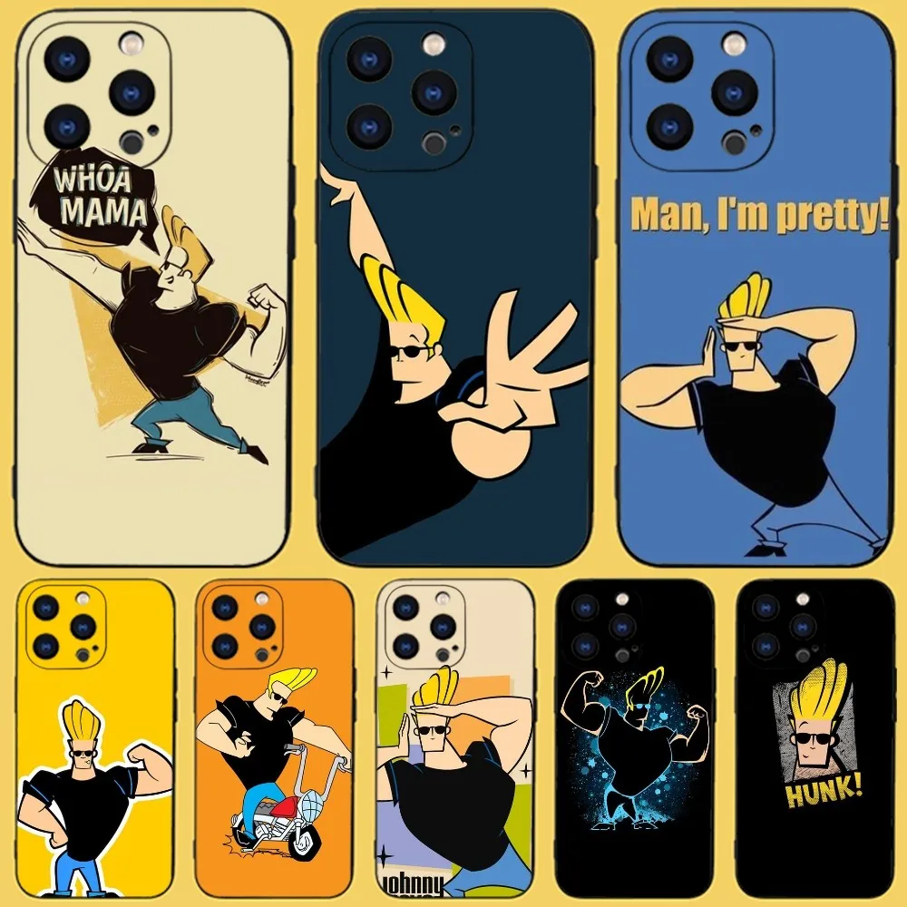 Johnny Bravo anime Phone Case For iPhone 15,14,13,12,11 Plus,Pro,Max,XR,XS,X,7,8 Plus,SE,Mini Black Silicone Soft