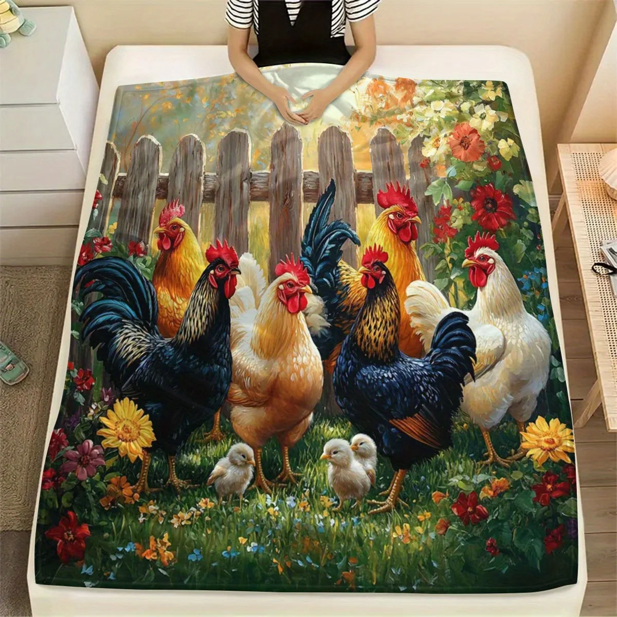 Chicken Print Flannel Throw Blanket - Soft Warm All-Season Cozy Contemporary Farmhouse Design with Colorful Rooster & Floral Pat