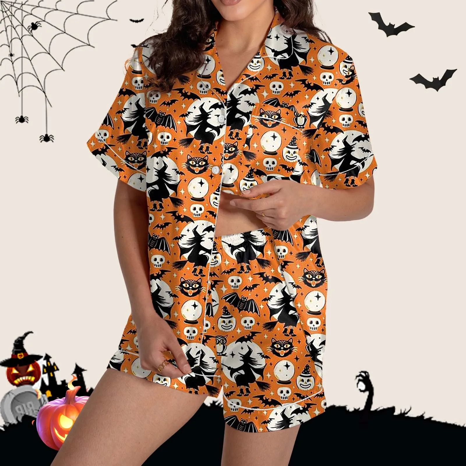 Women Halloween Satin Pajama Set Ghost Pumpkin Print Short Sleeve Button Closure Top with Shorts 2 Pieces Sleepwear Loungewear