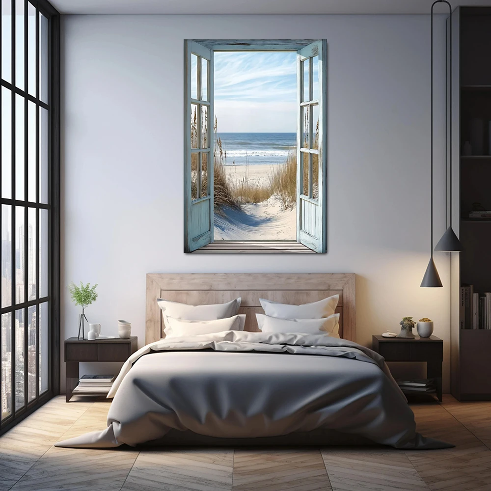 Beach View Canvas Print: Coastal Window Art Posters, Modern Home Living Room, Bedroom, House Decor, No Frame