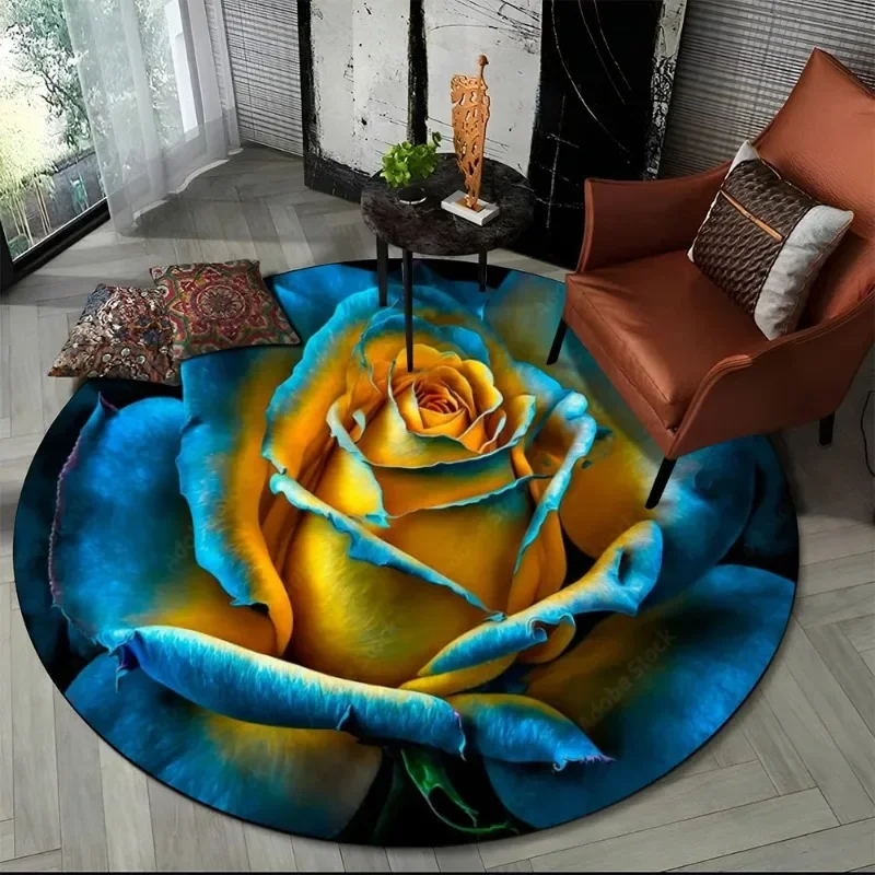 Elegant Blue Yellow Gradient Rose Round Rug Floor Mat Door Mat Entrance Mat for Home Decoration  Bedroom Decoration