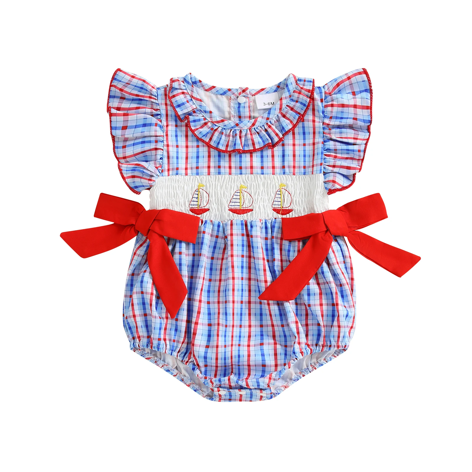

Baby Girl Summer Romper Loose Fit Bows Sailboat Embroidery Plaid Ruffled Trim Flying Sleeve Infant Jumpsuit