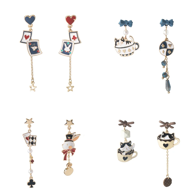 Creative Alice Cute Cat Little Rabbit Playing Card Earstuds Cartoon Character Bow Asymmetric Tassel Earrings girl gift