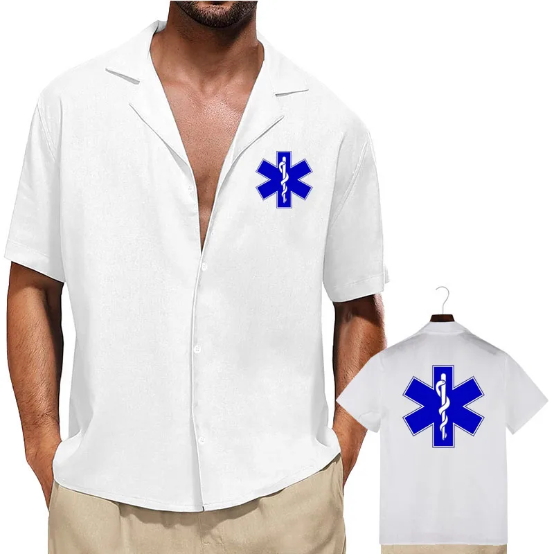 Summer new Oversized T-shirts EMT Emergency Ambulance Printing Cotton buttons men's cardigan short sleeve Medical clothing