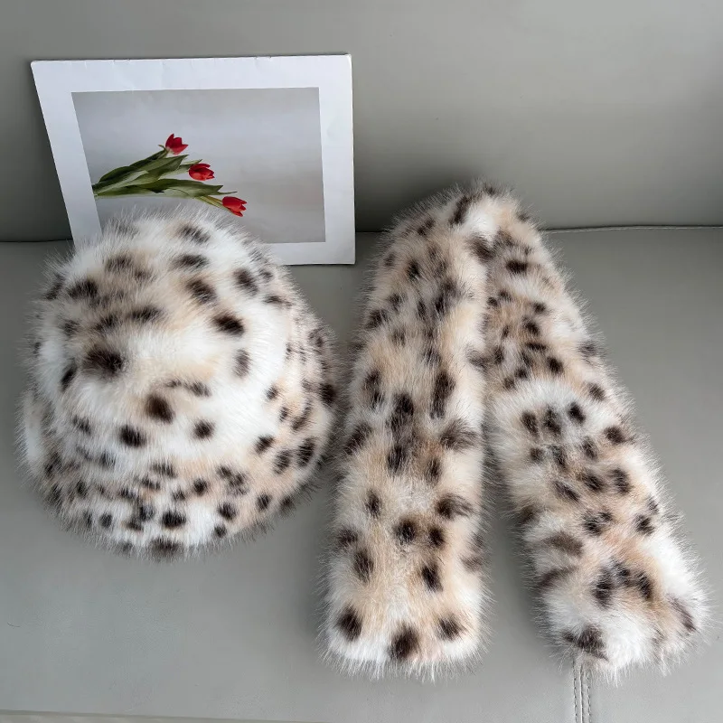 Two-piece set of animal texture plush hats and scarves for outdoor warmth preservation and casual wear in autumn and winter