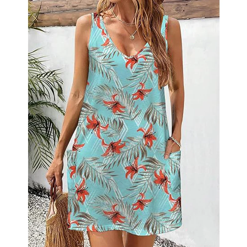 

Summer Women's Bohemian Print Dress with Suspenders Fashion V-neck Casual Loose A-line Skirt Seaside Holiday Beach Sundress