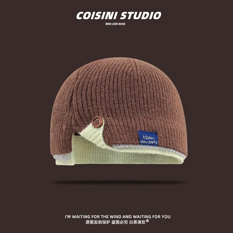 Neue Strickmütze mit Kontrastfarben-Design für Herren und Damen, warme Herbst- und Wintermütze mit Ohrenschutz, Kälteschutzmütze – Detail 3